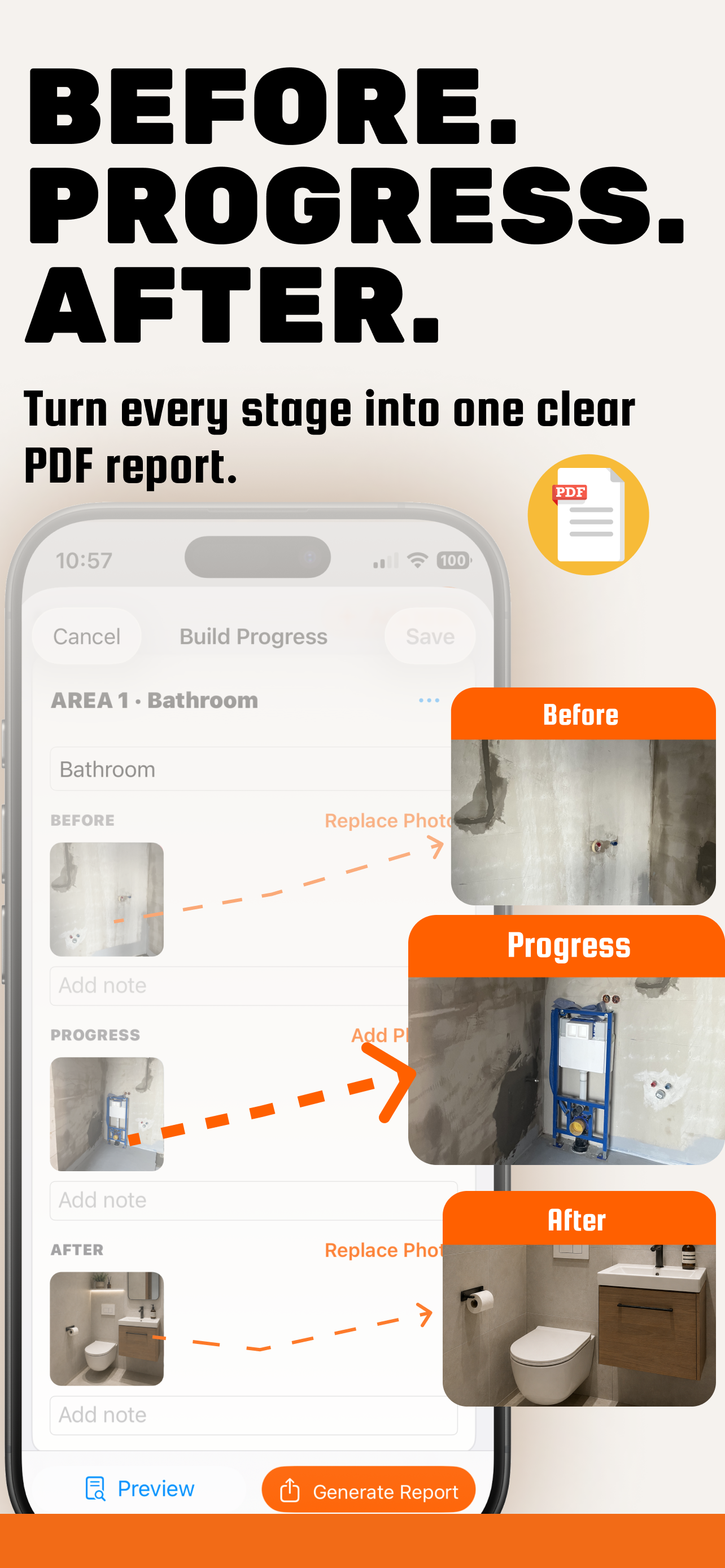 ProofLog Build Progress showing Before, Progress, and After construction stages with Preview and Generate Report controls.