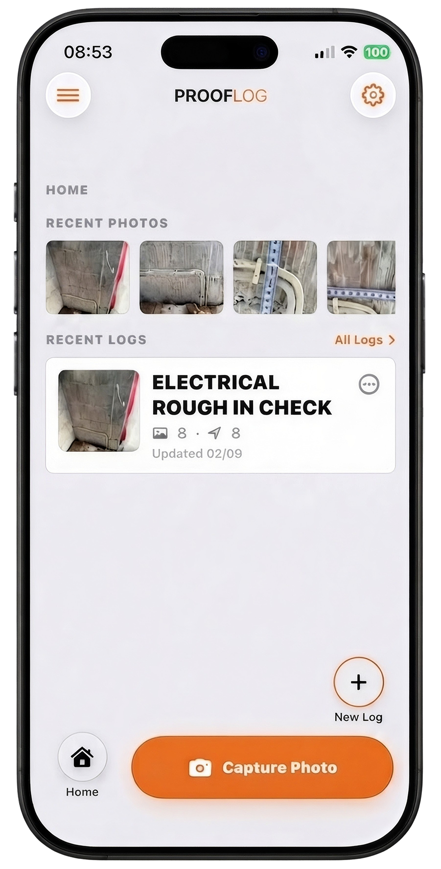 ProofLog Home screen before opening Field Capture