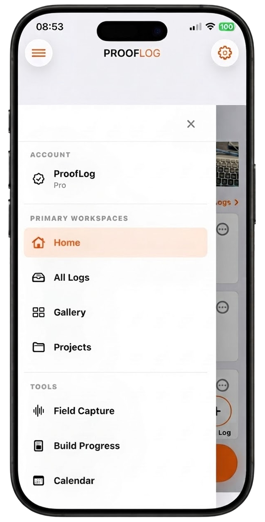 ProofLog side menu with Field Capture under Tools