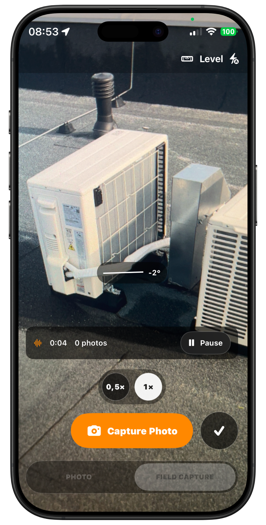 Active ProofLog Field Capture session with Capture Photo and Pause controls