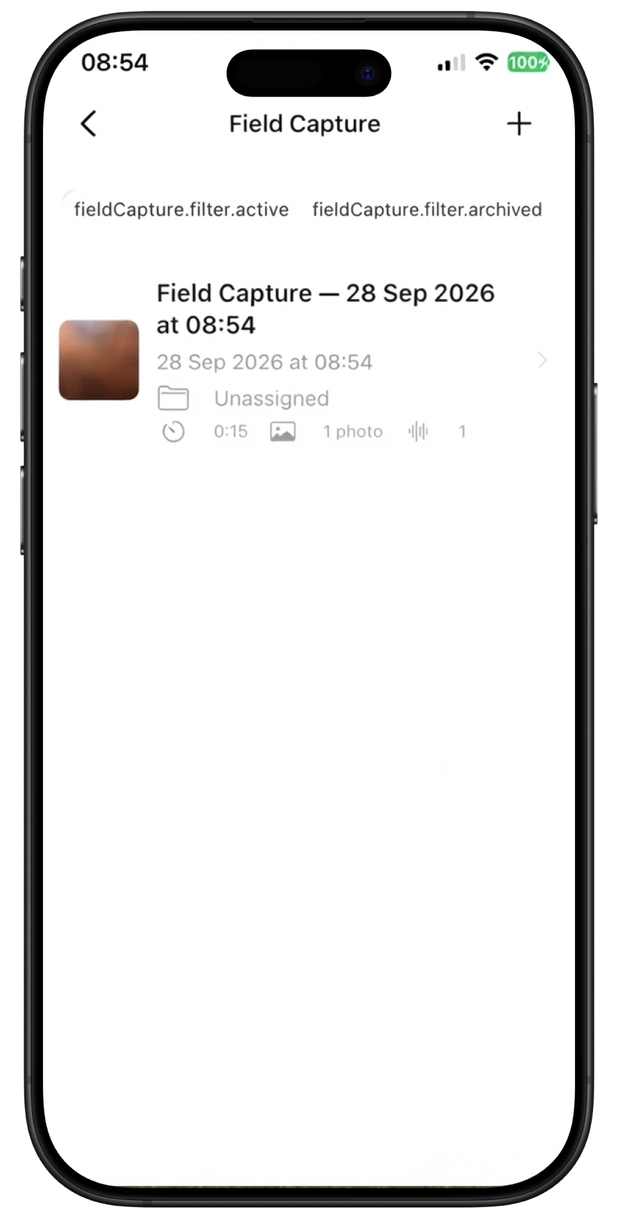 Saved ProofLog Field Capture record showing duration, photo count, and audio