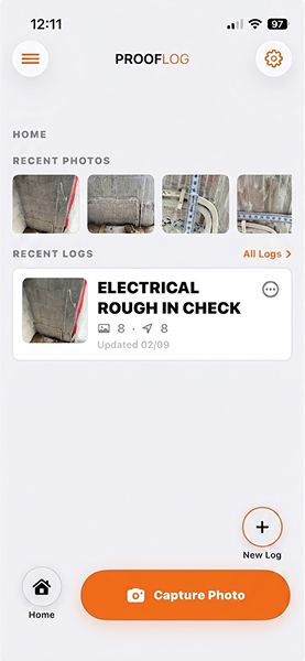 ProofLog Home screen with the orange Capture Photo button.