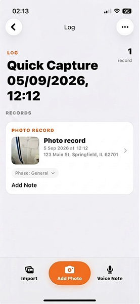 ProofLog Quick Capture log with one Photo Record card.