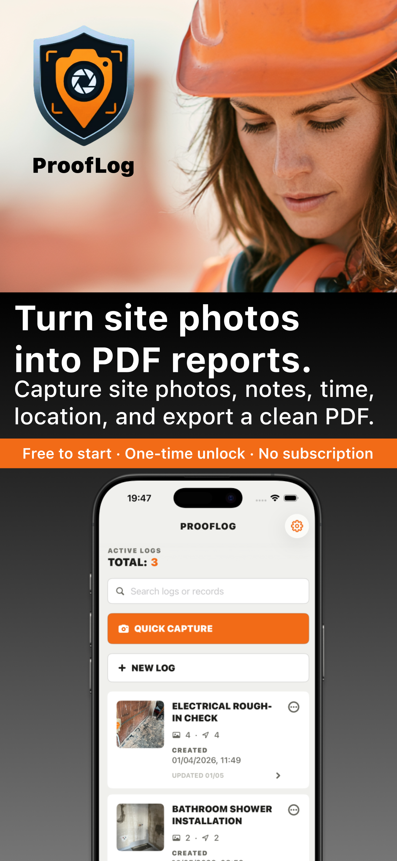 ProofLog main field log screen on iPhone