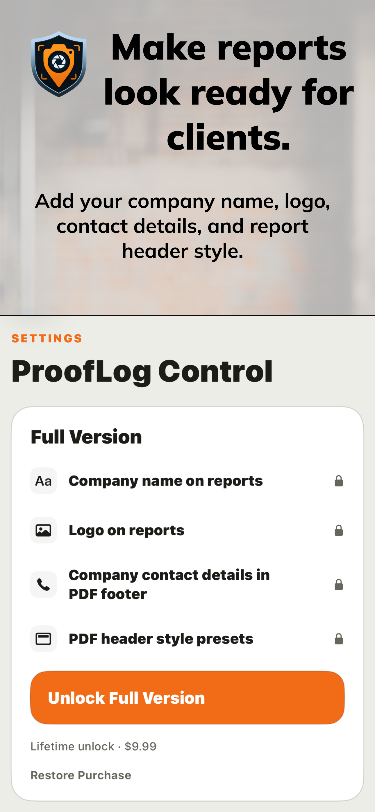 ProofLog branded report settings