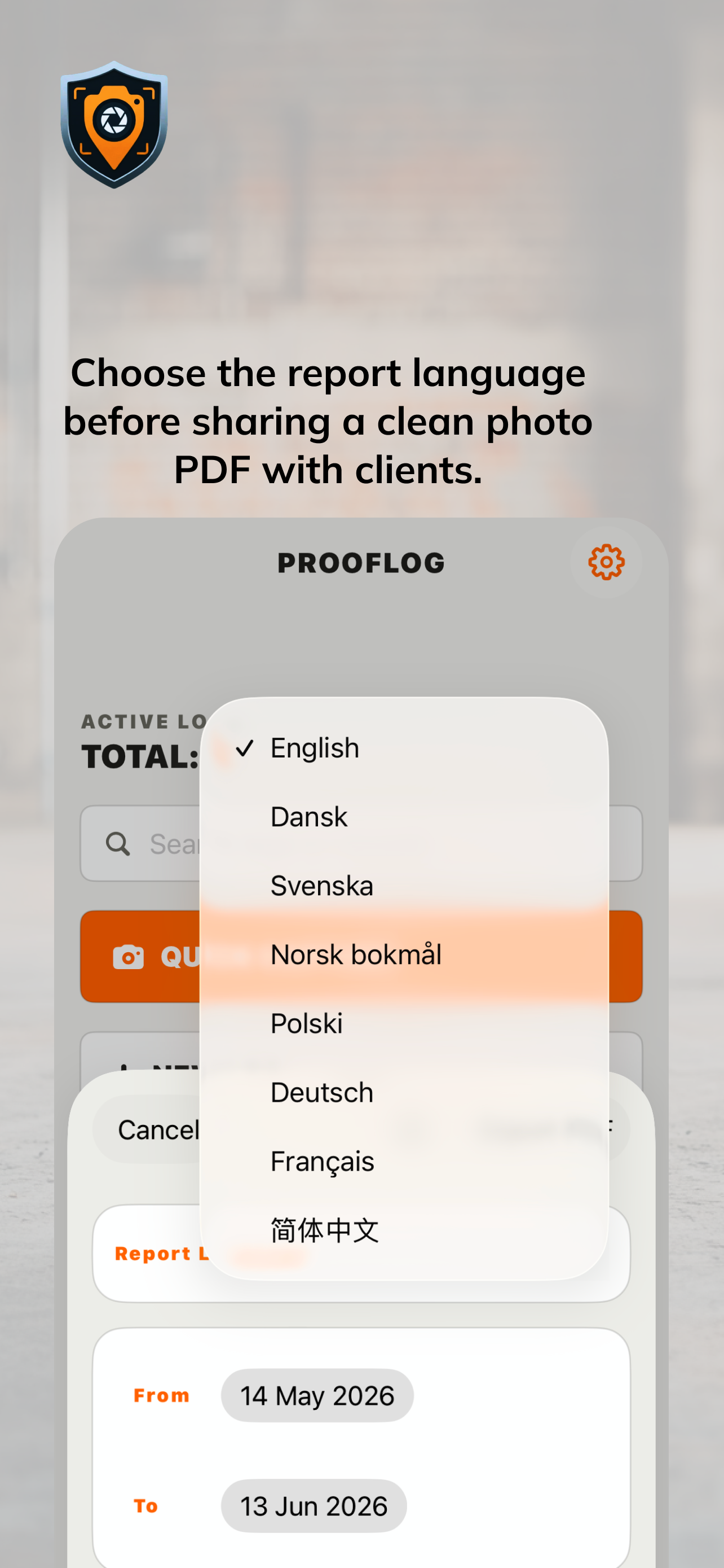 ProofLog report language export screen on iPhone