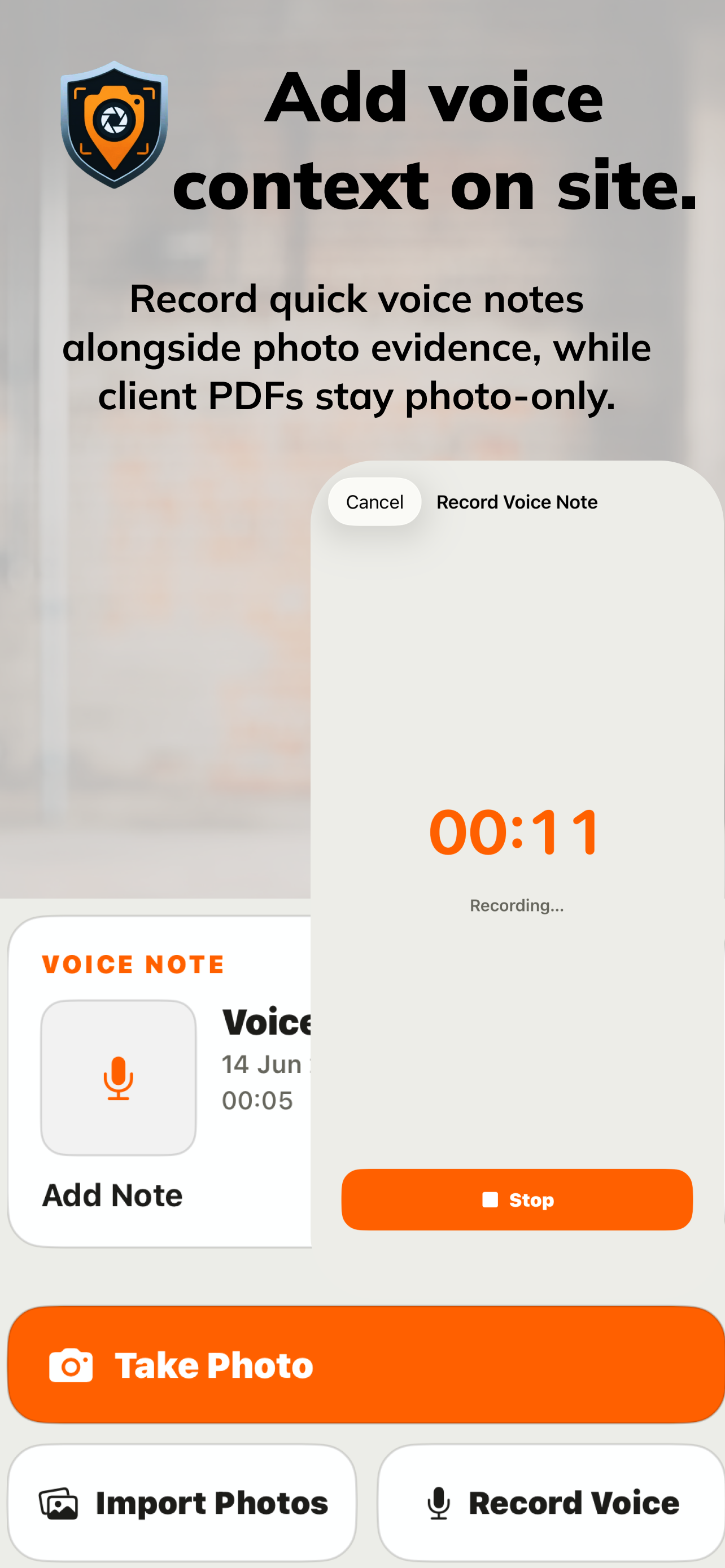 ProofLog Voice Notes screen