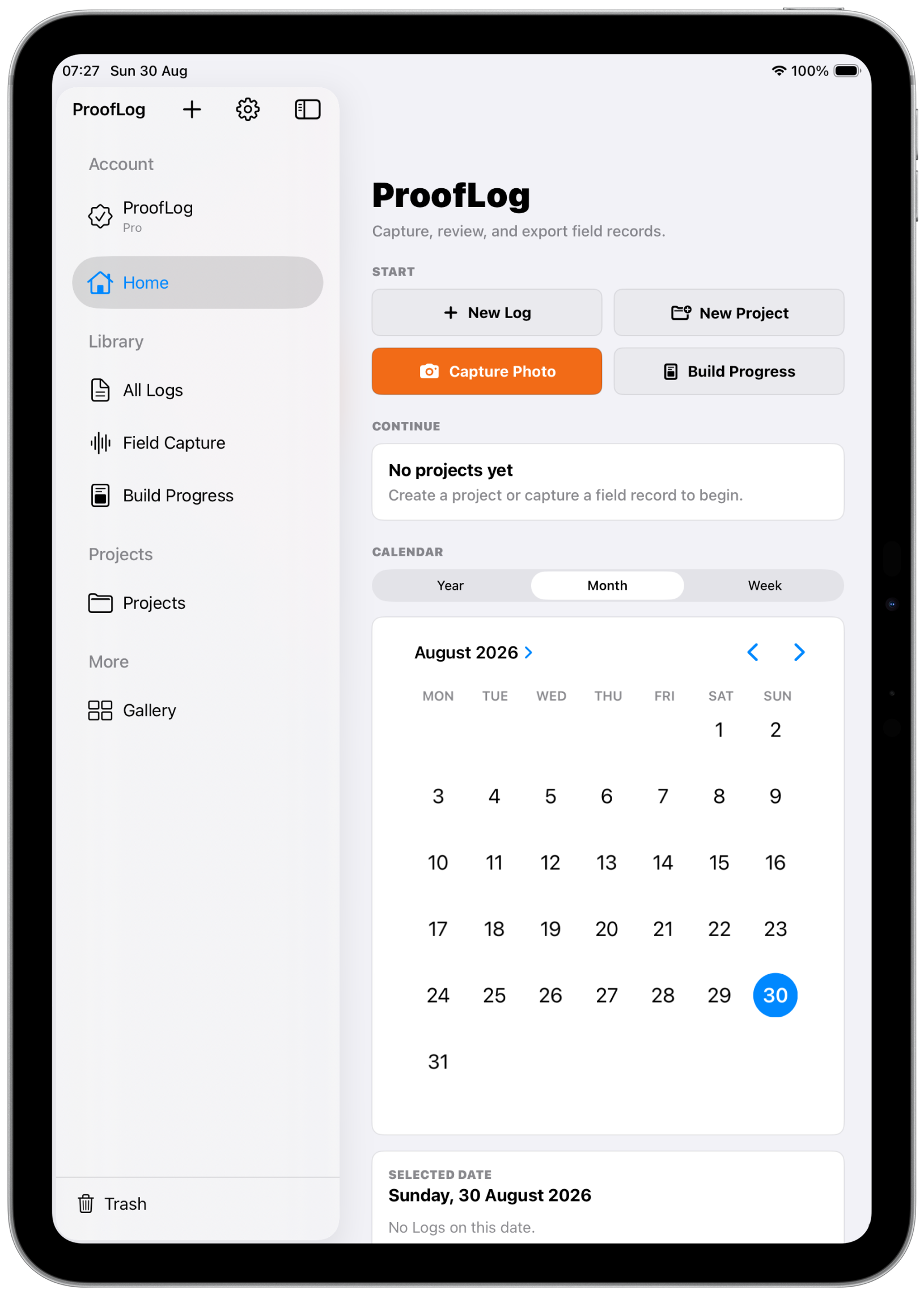 Ekran główny ProofLog 2.0 na iPadzie z funkcjami rejestrowania, biblioteką i kalendarzem
