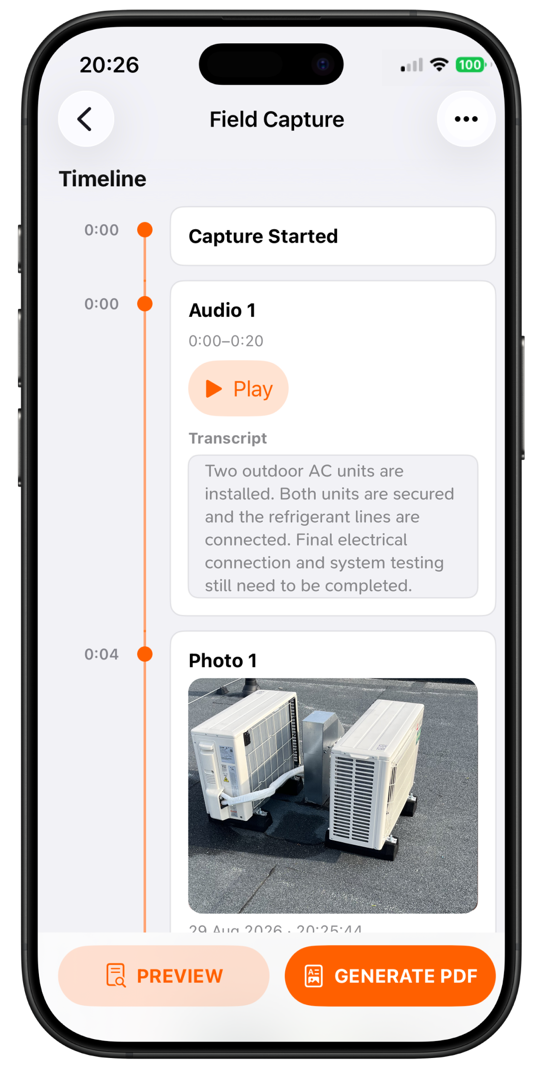 Oś czasu Field Capture w ProofLog z nagraniem audio, transkrypcją i zdjęciem terenowym