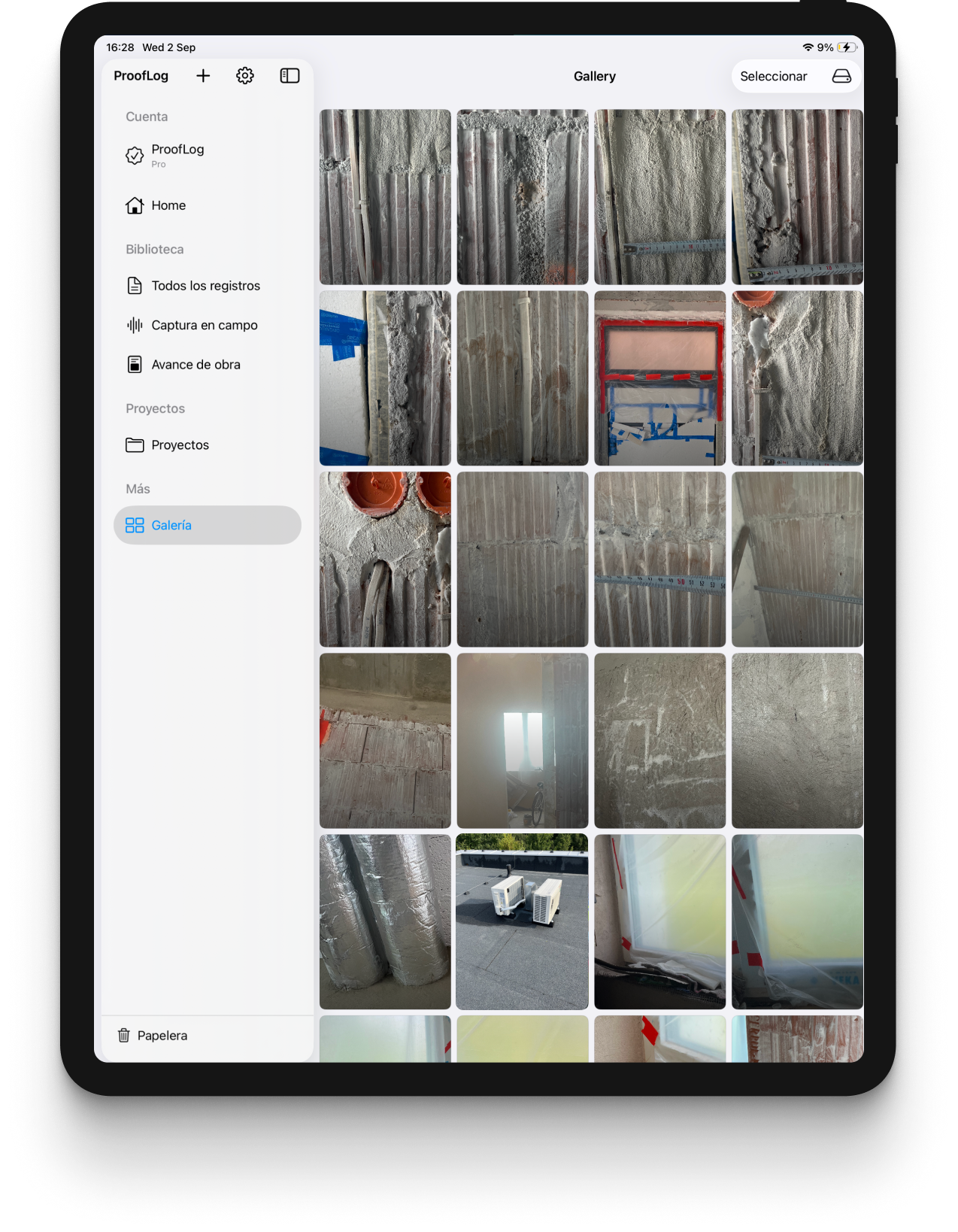 Galería de ProofLog con fotos reales de campo listas para revisar y seleccionar