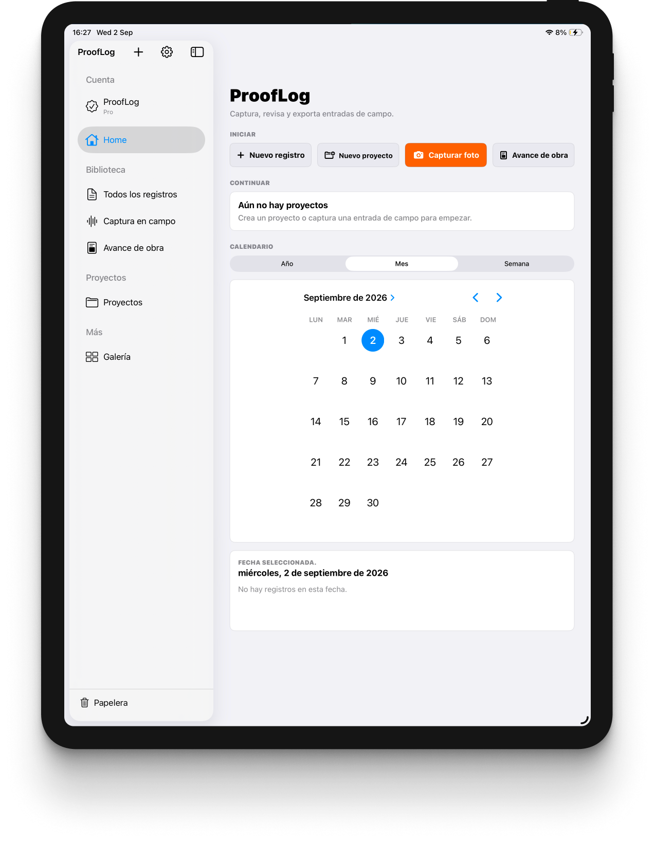 Inicio de ProofLog 2.0 en iPad con acciones de captura, navegación por la biblioteca y calendario